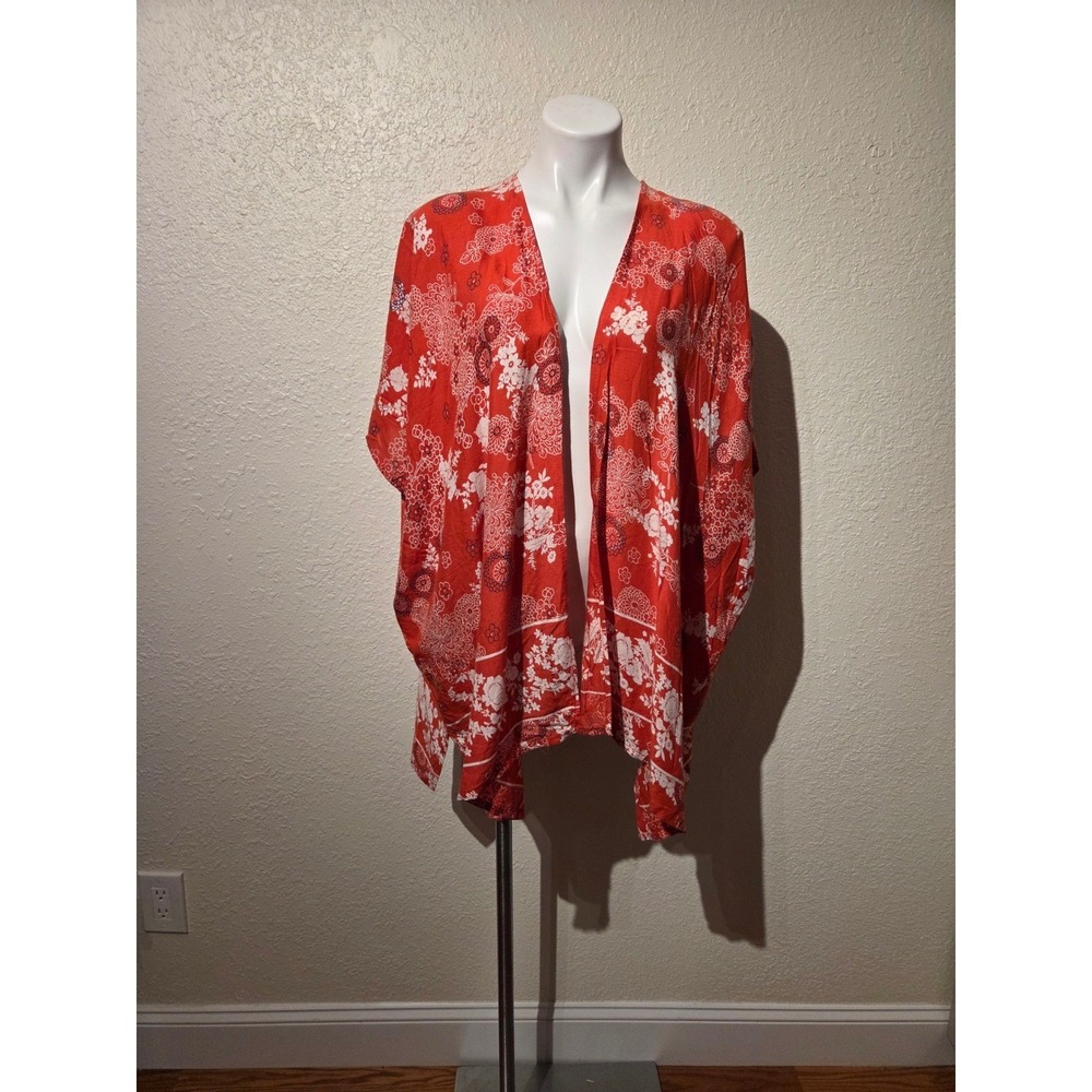 Angie Womens Red Floral Print Kimono Open Front Cardigan Wrap Rayon Size Medium